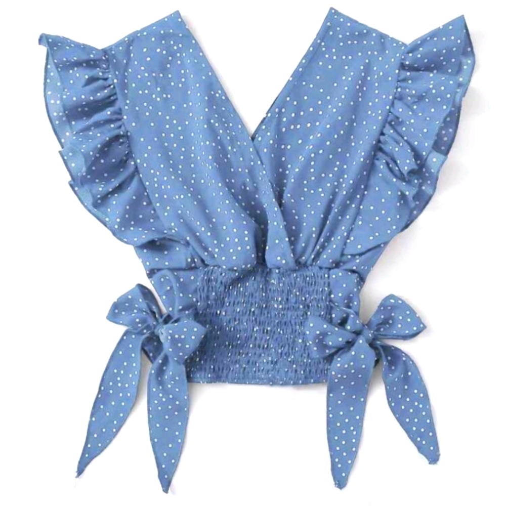 Dusty Blue Polka Dot Ruffle Sleeve Top